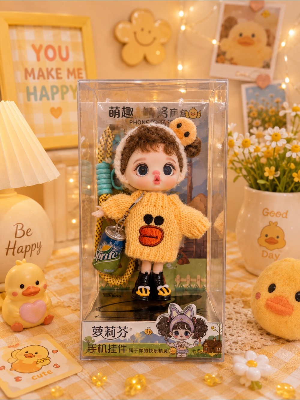 KAWAII Mini Doll phone pendant in Yellow Duck Knit Sweater with Sprite bag